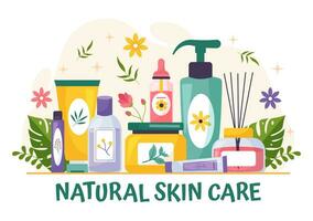 natural pele Cuidado vetor ilustração do mulheres aplicando cosméticos face cuidados com a pele produtos com orgânico ingredientes dentro plano desenho animado fundo modelo