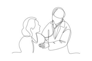 contínuo 1 linha desenhando médico pessoal consultando paciente conceito. rabisco vetor ilustração.