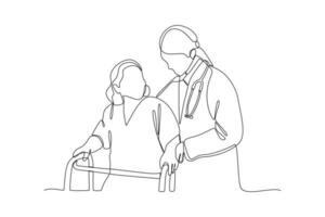 contínuo 1 linha desenhando médico pessoal consultando paciente conceito. rabisco vetor ilustração.