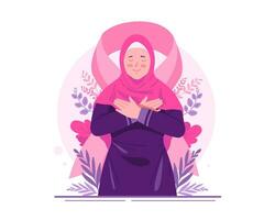 seio Câncer consciência mês. uma feliz muçulmano mulher com uma Rosa fita Como uma preocupação e Apoio, suporte para mulheres com seio Câncer vetor