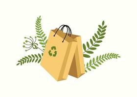 papel bolsa. ecológico reutilizável e reciclável kraft bolsa, ecologia sinal, grama, folha. reciclando, zero desperdício, eco amigáveis conceito, cartão embalagem para compras. plano vetor ilustração.