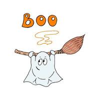 rabisco desenho animado engraçado fofa fantasma com uma vassoura. vetor dia das Bruxas espírito ilustração para cartões postais, panfletos, convites, rede Projeto