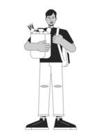 indiano homem com compras plano linha Preto branco vetor personagem. masculino segurando mochila. compras. editável esboço cheio corpo pessoa. simples desenho animado isolado local ilustração para rede gráfico Projeto