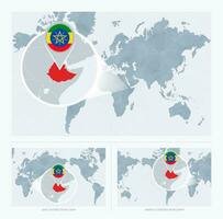 ampliado Etiópia sobre mapa do a mundo, 3 versões do a mundo mapa com bandeira e mapa do Etiópia. vetor