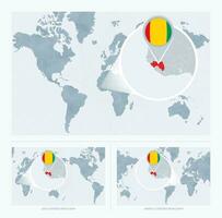ampliado Guiné sobre mapa do a mundo, 3 versões do a mundo mapa com bandeira e mapa do guiné. vetor