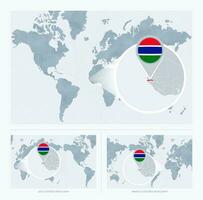 ampliado Gâmbia sobre mapa do a mundo, 3 versões do a mundo mapa com bandeira e mapa do Gâmbia. vetor