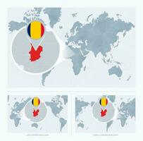 ampliado Chade sobre mapa do a mundo, 3 versões do a mundo mapa com bandeira e mapa do Chade. vetor
