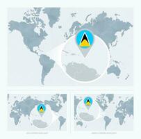 ampliado santo lucia sobre mapa do a mundo, 3 versões do a mundo mapa com bandeira e mapa do santo lucia. vetor