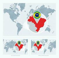 ampliado Brasil sobre mapa do a mundo, 3 versões do a mundo mapa com bandeira e mapa do brasil. vetor