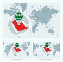 ampliado saudita arábia sobre mapa do a mundo, 3 versões do a mundo mapa com bandeira e mapa do saudita arábia. vetor