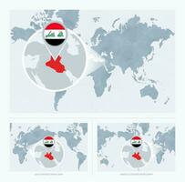 ampliado Iraque sobre mapa do a mundo, 3 versões do a mundo mapa com bandeira e mapa do Iraque. vetor
