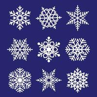 Natal ilustração plano vetor dentro desenho animado estilo. conjunto do branco flocos de neve ícone isolado em Sombrio azul fundo. alegre Natal. para Natal cartões, bandeiras, marcação, rótulos, fundo.