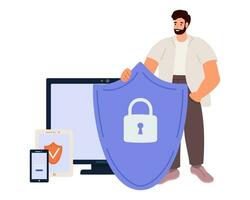 segurança cibernética segurança cibernética e conceito de privacidade. homem segurando escudo de proteção online como símbolo de defesa e seguro. pessoa defendendo e protegendo dados. ilustração vetorial. vetor