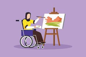gráfico plano Projeto desenhando Desativado árabe mulher dentro cadeira de rodas pintura panorama em tela. reabilitação fisioterapia tratamento. fisica incapacidade atividade. desenho animado estilo vetor ilustração