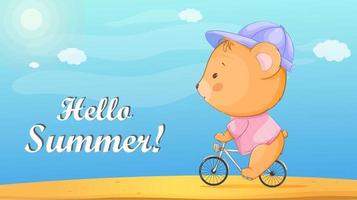 Olá verão. ursinho fofo andando de bicicleta vetor