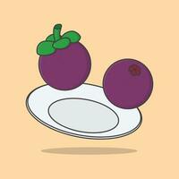 mangostão fruta em uma prato desenho animado vetor ilustração. mangostão fruta plano ícone esboço