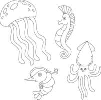 esboço aquático animais clipart agrupar dentro desenho animado estilo. inclui 4 aquático animais para crianças e crianças vetor