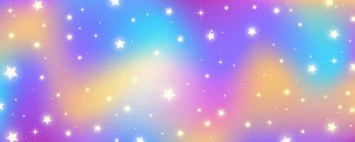 unicórnio arco Iris fundo. Magia pastel gradiente com brilhar e estrelas. fofa holográfico céu. fada fantasia papel de parede com iridescente textura. vetor cósmico ilustração