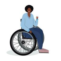 feliz menina dentro cadeira de rodas acenando dela mão. mulher com uma incapacidade isolado em branco fundo. inclusivo pessoa. africano americano jovem mulher com saúde problemas vetor