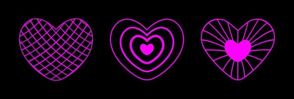 néon Rosa estrutura de arame coração formas conjunto em Preto fundo. futurista cyberpunk esboço figuras. ano 2000 retro estilo. vetor