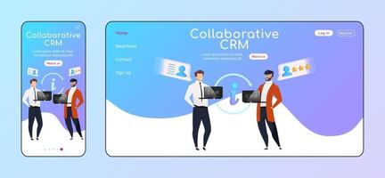 modelo de vetor de cor plana de página de destino adaptável de crm colaborativo. sorrindo empresários móveis, layout da página inicial do pc. dados do cliente compartilhando uma página do website ui. cooperação design de plataforma cruzada de página da web