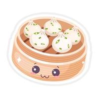 conjunto de caracteres do vetor kawaii bonito do dim sum chinês. prato asiático com uma cara sorridente. cozinha tradicional oriental. bolinho de massa com especiarias. emoji engraçado, emoticon. ilustração colorida isolada dos desenhos animados