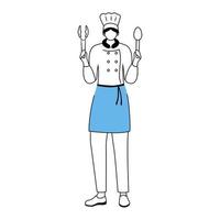 ilustração em vetor plana chef do hotel. trabalhador de restaurante de uniforme segurando utensílios de cozinha. serviço de catering, culinária. pessoal da cozinha com avental personagem de desenho animado com contorno em branco