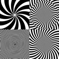 espiral psicodélica hipnótica preto e branco com raios radiais, padrão de conjunto de coleção de fundo de giro. ilustração vetorial vetor