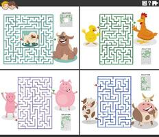 Labirinto Atividades conjunto com desenho animado Fazenda animal personagens vetor