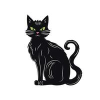 sentado Preto gato com verde olhos. fofa animal. isolado Preto gato símbolo do dia das Bruxas. vetor ilustração.