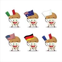 cogumelo desenho animado personagem trazer a bandeiras do vários países vetor