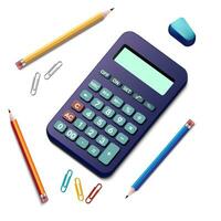 eletrônico calculadora. digital calculadora com lápis, grampo e apagador, isolado em branco fundo. vetor ilustração eps 10.