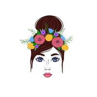 morena menina com flor guirlanda. ilustração para impressão, fundos, cobre e embalagem. imagem pode estar usava para cumprimento cartão, poster, adesivo e têxtil. isolado em branco fundo. vetor