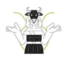 Touro zodíaco placa monocromático conceito vetor local ilustração. mulher com vaca crânio em cabeça 2d plano bw desenho animado personagem para rede ui Projeto. astrologia isolado editável mão desenhado herói imagem