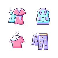 roupas para dormir conjunto de ícones de cores rgb. mini vestido com robe. jaqueta jeans. top de um ombro. pijama de lã. ilustrações isoladas do vetor. coleção de desenhos de linhas preenchidas simples vetor