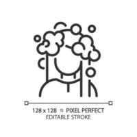 2d pixel perfeito Customizável mulher com espuma cabelo lavar Preto ícone, isolado vetor, cuidado capilar fino linha simples ilustração. vetor