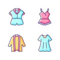 conjunto de ícones de cores rgb de roupas de casa. top de seda e shorts. pijama de renda. casaco de lã comprido. vestido desportivo. ilustrações isoladas do vetor. coleção de desenhos de linhas simples preenchidas com roupas de dormir confortáveis vetor