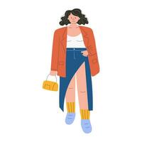 jovem moderno mulher vestindo na moda roupas. casual à moda cidade rua estilo moda roupas. sorridente mulher vestindo a de grandes dimensões Jaqueta e jeans saia. mão desenhado personagem vetor ilustração