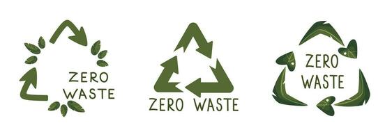 zero desperdício rótulos. verde eco amigáveis rótulo, reduzir desperdício e reciclar ícone com plantar folhas vetor definir. não plástico ecológico proteção logotipo com verde