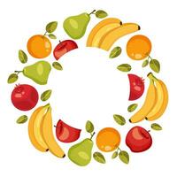 modelo, quadro, Armação a partir de frutas. pera, maçã, laranja, banana e romã. vetor ilustração. livre branco círculo para texto
