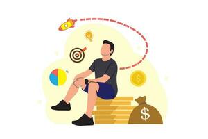 investimento conceito vetor ilustração. homem de negocios sentado em uma pilha do moedas e olhando às uma alvo.
