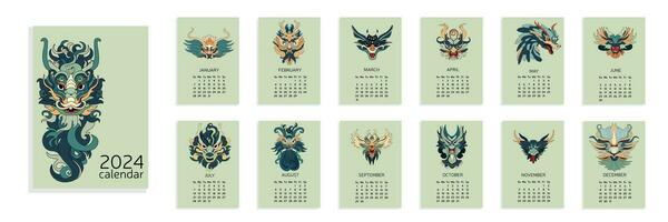 calendário 2024 a4 com dragões cabeça. dragões calendário. semana começar a partir de Domingo. vetor ilustração. calendário com Dragão cabeças.