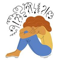 chorando sentado mulher sofrimento fadiga a partir de frustração depressão complexo psicológico doença. dor de cabeça, depressão, ansiedade conceito. mental saúde vetor