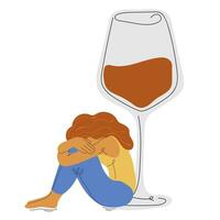 fêmea álcool vício. depressivo mulher sofrimento a partir de alcoolismo. infeliz mulher sentado perto vinho vidro vetor