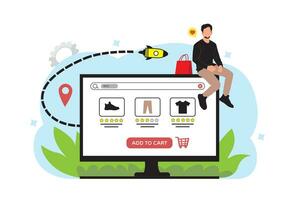 vetor ilustração do uma homem sentado em uma computador e compras on-line.
