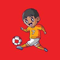 homem com laranja jérsei jogando futebol. Garoto jogando futebol vetor ilustração. crianças jogando futebol ilustração. futebol ilustração.