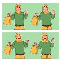hijab mulher carregando compras bolsas vetor