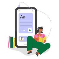 aluno com fones de ouvido ouvindo curso online. ilustração do conceito de educação remota. vetor