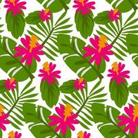 uma padronizar do multicolorido tropical folhas com Rosa hibisco. desatado hibisco Havaí padrão, elegante fundo. impressão em têxteis e papel. tropical textura vetor