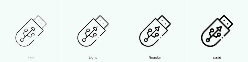 USB instantâneo dirigir ícone. afinar, luz, regular e negrito estilo Projeto isolado em branco fundo vetor